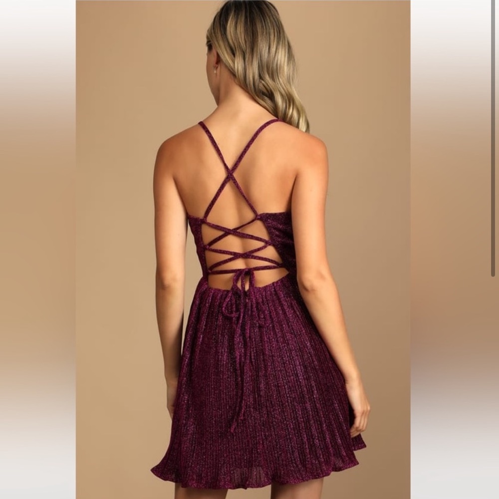NWT Lulus Party Era Magenta Sparkly Lace-Up Pleated Skater Dress - Picture 3 of 9